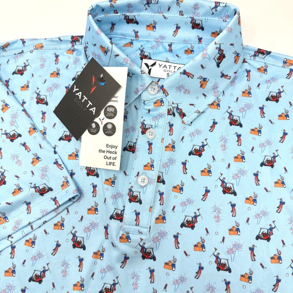 Yatta Golf Mens Small Uncle Sam Blue Patriotic Performance Polo Shirt NEW